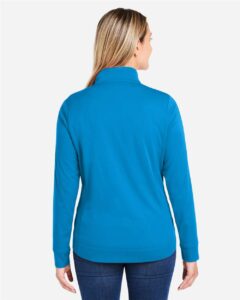 CORE365 CE404W Women’s Market Snag Protect Mesh Colorblock Quarter-Zip Pullover – Electric Blue/ Carbon (on model back)
