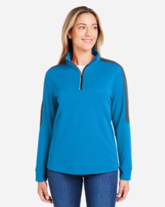 CORE365 CE404W Women’s Market Snag Protect Mesh Colorblock Quarter-Zip Pullover – Electric Blue/ Carbon (on model)
