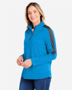 CORE365 CE404W Women’s Market Snag Protect Mesh Colorblock Quarter-Zip Pullover – Electric Blue/ Carbon (on model side)