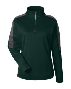 CORE365 CE404W Women’s Market Snag Protect Mesh Colorblock Quarter-Zip Pullover – Forest/ Carbon