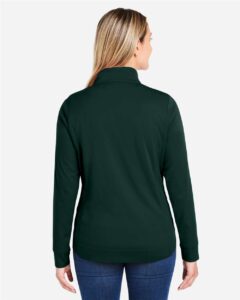 CORE365 CE404W Women’s Market Snag Protect Mesh Colorblock Quarter-Zip Pullover – Forest/ Carbon (on model back)