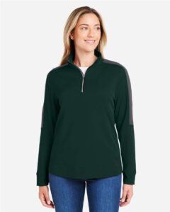 CORE365 CE404W Women’s Market Snag Protect Mesh Colorblock Quarter-Zip Pullover – Forest/ Carbon (on model)