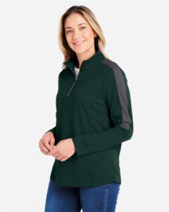 CORE365 CE404W Women’s Market Snag Protect Mesh Colorblock Quarter-Zip Pullover – Forest/ Carbon (on model side)
