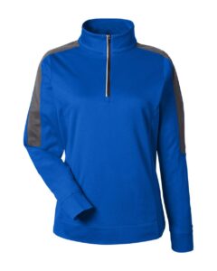 CORE365 CE404W Women’s Market Snag Protect Mesh Colorblock Quarter-Zip Pullover – True Royal/ Carbon