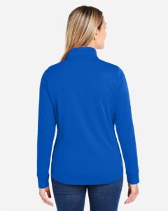 CORE365 CE404W Women’s Market Snag Protect Mesh Colorblock Quarter-Zip Pullover – True Royal/ Carbon (on model back)