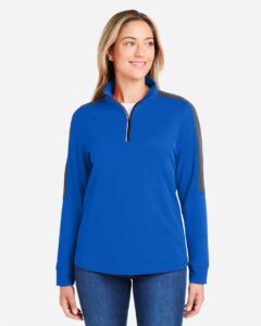 CORE365 CE404W Women’s Market Snag Protect Mesh Colorblock Quarter-Zip Pullover – True Royal/ Carbon (on model)