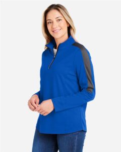 CORE365 CE404W Women’s Market Snag Protect Mesh Colorblock Quarter-Zip Pullover – True Royal/ Carbon (on model side)