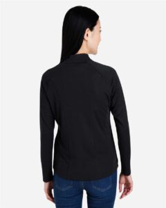 CORE365 CE418W Women’s Origin Performance Pique Quarter-Zip Pullover – Black/ Carbon (on model back)