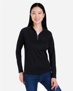 CORE365 CE418W Women’s Origin Performance Pique Quarter-Zip Pullover – Black/ Carbon (on model)