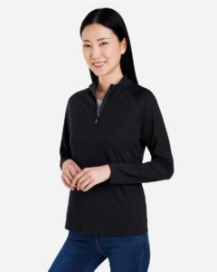 CORE365 CE418W Women’s Origin Performance Pique Quarter-Zip Pullover – Black/ Carbon (on model side)