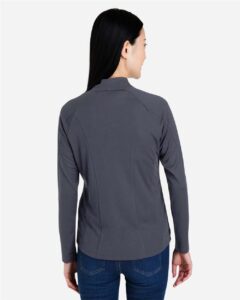 CORE365 CE418W Women’s Origin Performance Pique Quarter-Zip Pullover – Carbon/ Black (on model back)