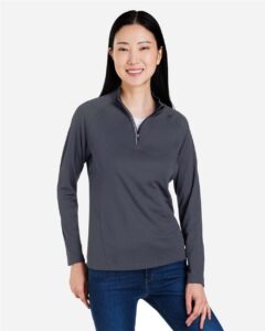 CORE365 CE418W Women’s Origin Performance Pique Quarter-Zip Pullover – Carbon/ Black (on model)