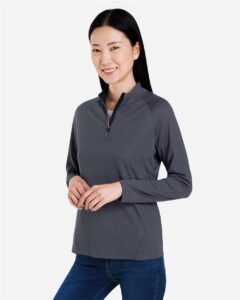 CORE365 CE418W Women’s Origin Performance Pique Quarter-Zip Pullover – Carbon/ Black (on model side)