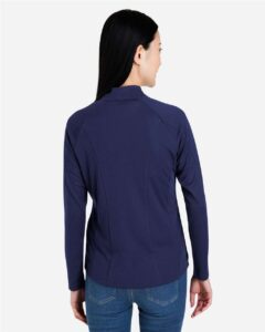 CORE365 CE418W Women’s Origin Performance Pique Quarter-Zip Pullover – Classic Navy Heather/ Carbon (on model back)