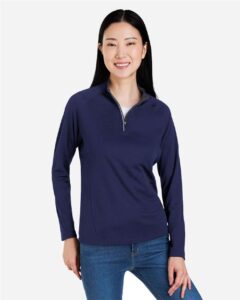 CORE365 CE418W Women’s Origin Performance Pique Quarter-Zip Pullover – Classic Navy Heather/ Carbon (on model)