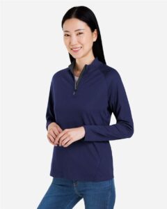 CORE365 CE418W Women’s Origin Performance Pique Quarter-Zip Pullover – Classic Navy Heather/ Carbon (on model side)