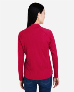 CORE365 CE418W Women’s Origin Performance Pique Quarter-Zip Pullover – Classic Red/ Carbon (on model back)