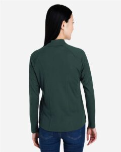 CORE365 CE418W Women’s Origin Performance Pique Quarter-Zip Pullover – Forest/ Carbon (on model back)