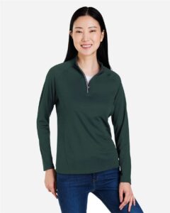 CORE365 CE418W Women’s Origin Performance Pique Quarter-Zip Pullover – Forest/ Carbon (on model)