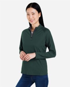 CORE365 CE418W Women’s Origin Performance Pique Quarter-Zip Pullover – Forest/ Carbon (on model side)
