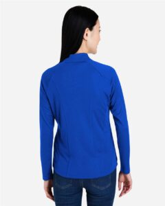 CORE365 CE418W Women’s Origin Performance Pique Quarter-Zip Pullover – True Royal/ Carbon (on model back)