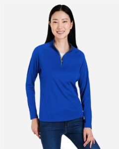 CORE365 CE418W Women’s Origin Performance Pique Quarter-Zip Pullover – True Royal/ Carbon (on model)