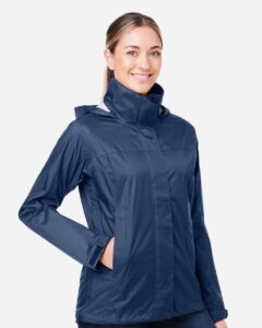 Marmot M15866 Women’s PreCip® Eco Packable Rain Jacket – Arctic Navy (on model side)