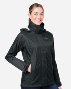 Marmot M15866 Women’s PreCip® Eco Packable Rain Jacket – Black (on model side)