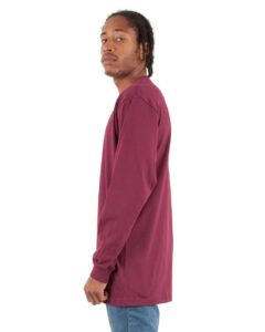 Shaka Wear SHALS Unisex Active Long Sleeve Tee – Burgundy (on model side)