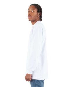 Shaka Wear SHALS Unisex Active Long Sleeve Tee – White (on model side)