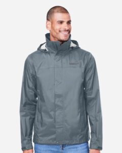 Marmot M15881 Men’s PreCip® Eco Packable Rain Jacket – Steel Onyx (on model)