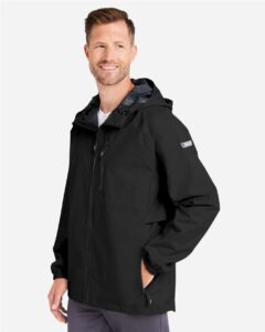 HUK H400148 Men’s Rover Rain Jacket – Black (on model side)