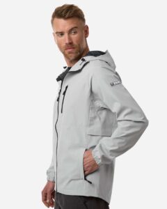 HUK H400148 Men’s Rover Rain Jacket – Harbor Mist (on model side)