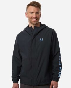 HUK H400159 Men’s Storm Rain Jacket – Black (on model)