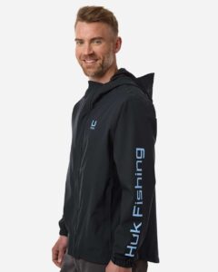 HUK H400159 Men’s Storm Rain Jacket – Black (on model side)