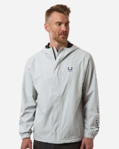 HUK H400159 Men’s Storm Rain Jacket – Harbor Mist (on model)
