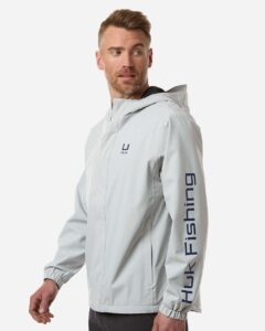 HUK H400159 Men’s Storm Rain Jacket – Harbor Mist (on model side)