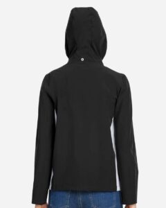 Under Armour 1389661 Women’s Rival Stretch Jacket – Black/ White/ White (on model back)