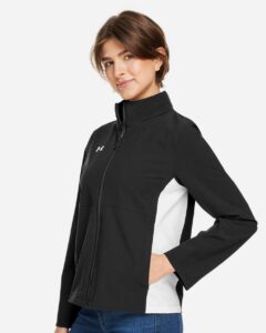 Under Armour 1389661 Women’s Rival Stretch Jacket – Black/ White/ White (on model side)