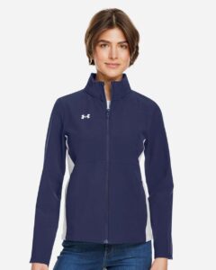 Under Armour 1389661 Women’s Rival Stretch Jacket – Midnight Navy/ White (on model)