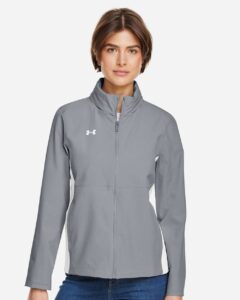 Under Armour 1389661 Women’s Rival Stretch Jacket – Mod Grey/ White (on model)