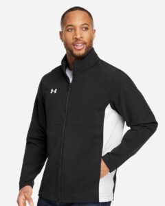 Under Armour 1390159 Men’s Rival Stretch Jacket – Black/ White (on model side)