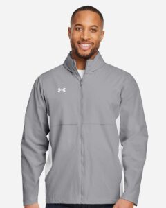Under Armour 1390159 Men’s Rival Stretch Jacket – Mod Grey/ White (on model)