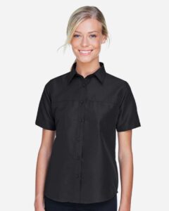Harriton M580W Women’s Key West Short Sleeve Performance Staff Shirt – Black (on model)
