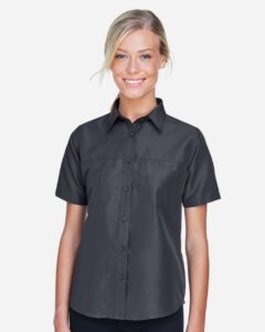 Harriton M580W Women’s Key West Short Sleeve Performance Staff Shirt – Dark Charcoal (on model)