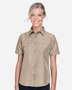Harriton M580W Women’s Key West Short Sleeve Performance Staff Shirt – Khaki (on model)