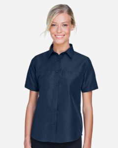 Harriton M580W Women’s Key West Short Sleeve Performance Staff Shirt – Navy (on model)