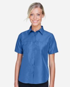 Harriton M580W Women’s Key West Short Sleeve Performance Staff Shirt – Pool Blue (on model)