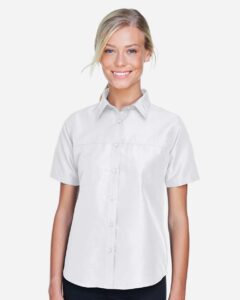 Harriton M580W Women’s Key West Short Sleeve Performance Staff Shirt – White (on model)