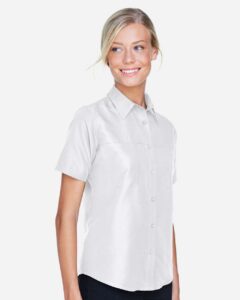 Harriton M580W Women’s Key West Short Sleeve Performance Staff Shirt – White (on model side)